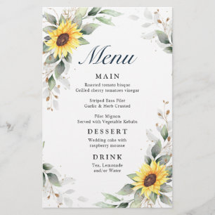 Elegant Sunflowers Greenery Wedding Dinner Menu