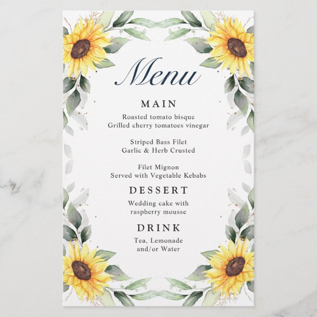 Elegant Sunflowers Greenery Wedding Dinner Menu (Front)