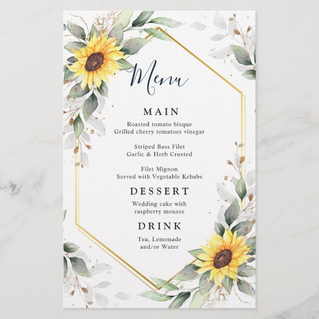 Elegant Sunflowers Greenery Wedding Dinner Menu (Front)