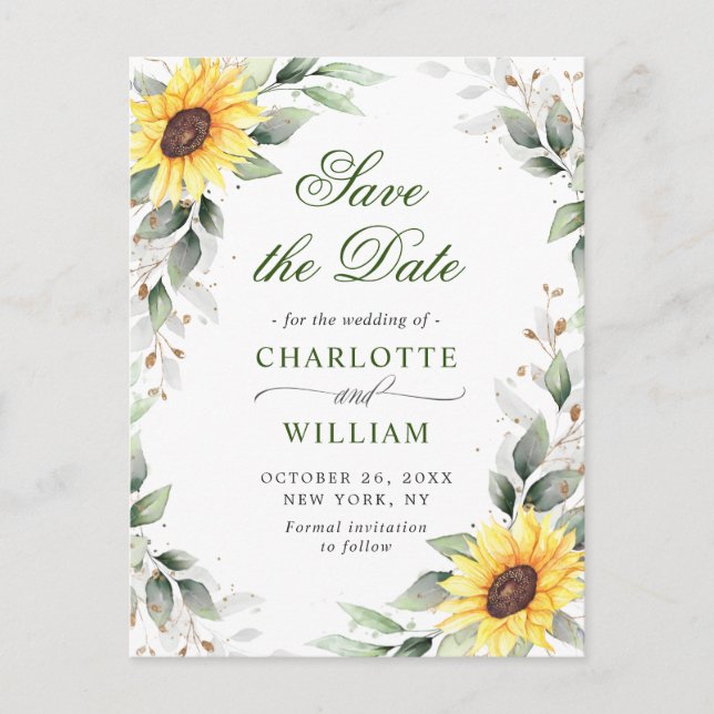 Elegant Sunflowers Greenery Wedding Save the Date Postcard (Front)