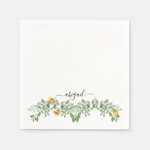Elegant Sunflowers in Foliage Custom Script Name Napkin