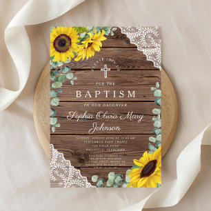 Elegant Sunflowers Lace Wood Cross Baptism Invitation