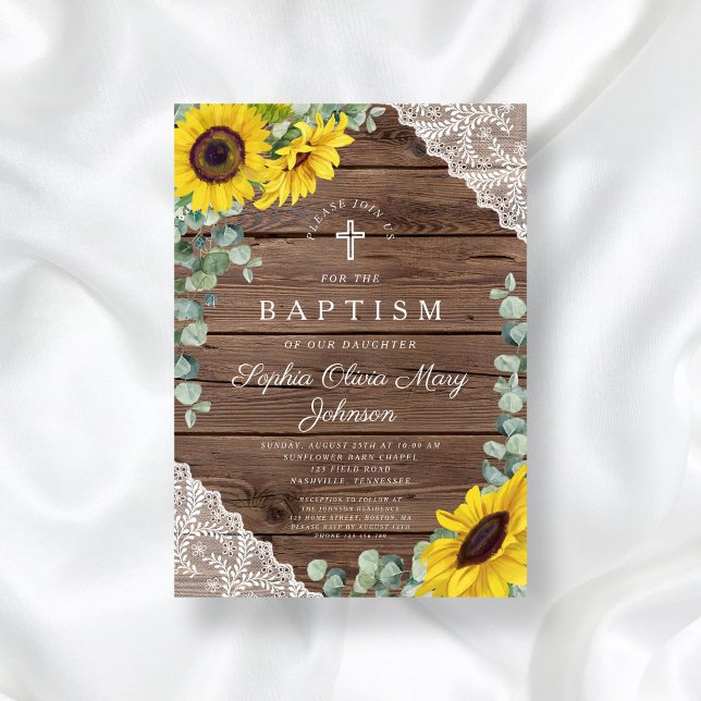 Elegant Sunflowers Lace Wood Cross Baptism Invitation (Elegant Sunflowers Lace Wood Cross Baptism Invitation)