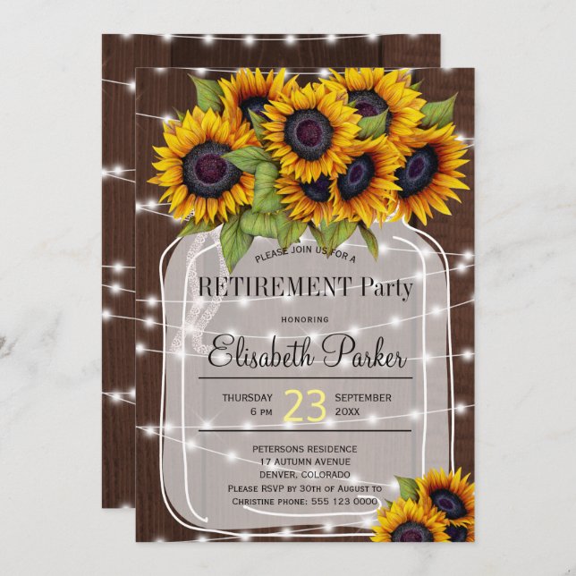 Elegant sunflowers mason jar wood retirement party invitation (Front/Back)