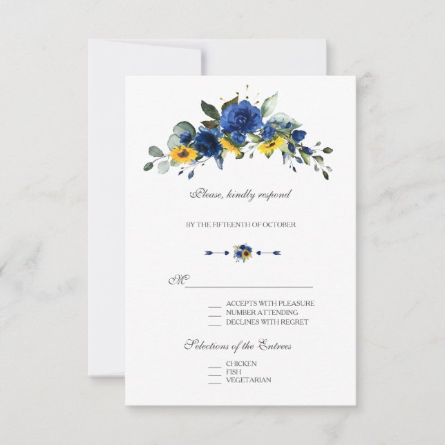 Elegant Sunflowers Navy Blue Flowers Bloom Wedding RSVP Card (Front)