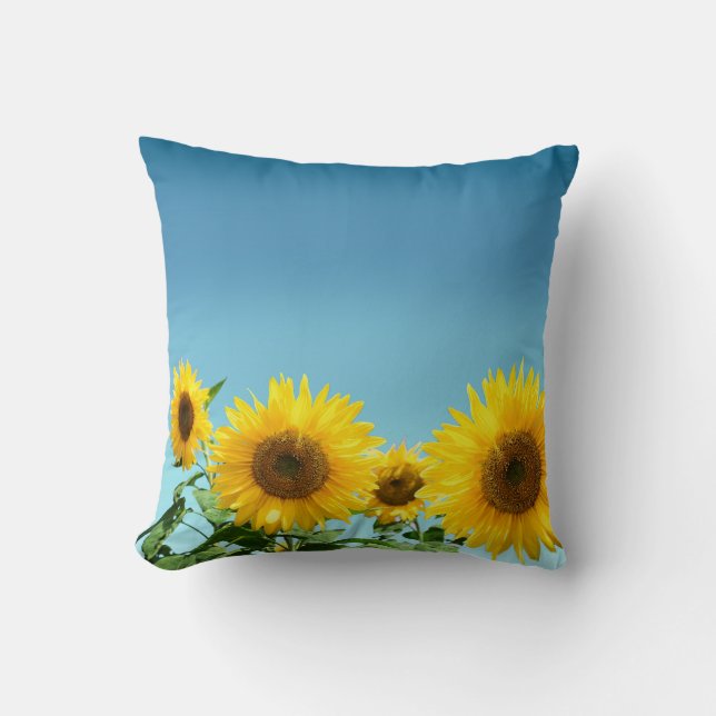Elegant Sunflowers on Sky Blue Shades Cushion (Front)