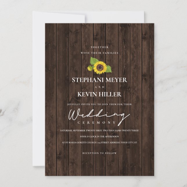 Elegant Sunflowers Rustic Wood Wedding Invitation (Front)