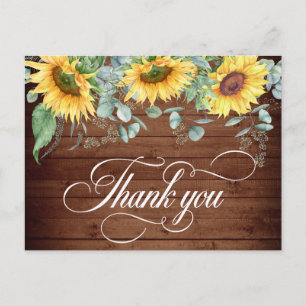 Elegant Sunflowers Rustic Wood Wedding Thank You Postcard