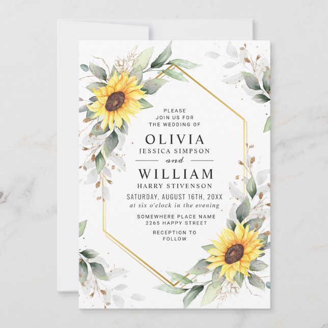 Elegant Sunflowers Watercolor Greenery Wedding Invitation (Front)