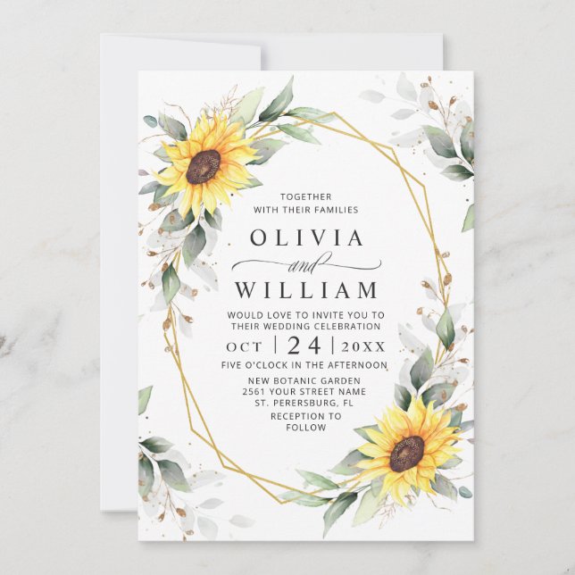 Elegant Sunflowers Watercolor Greenery Wedding Invitation (Front)