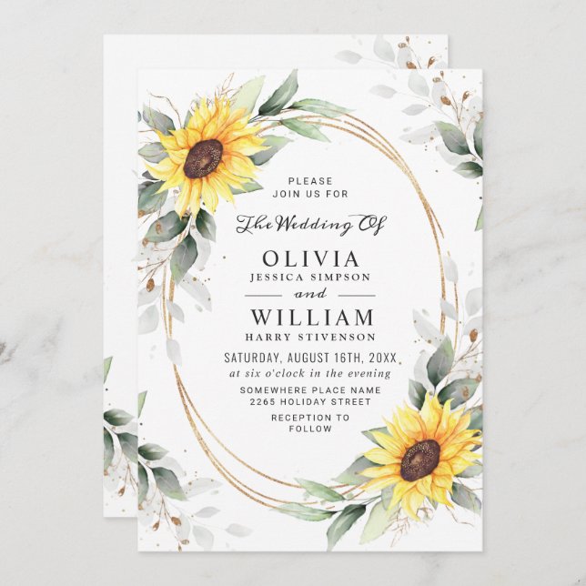 Elegant Sunflowers Watercolor Greenery Wedding Invitation (Front/Back)