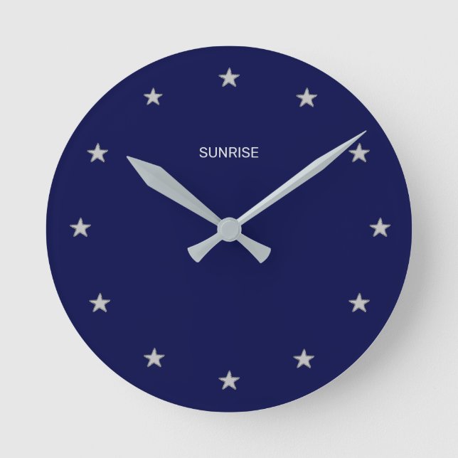 Elegant Sunrise Stars on Navy Blue Round Clock (Front)