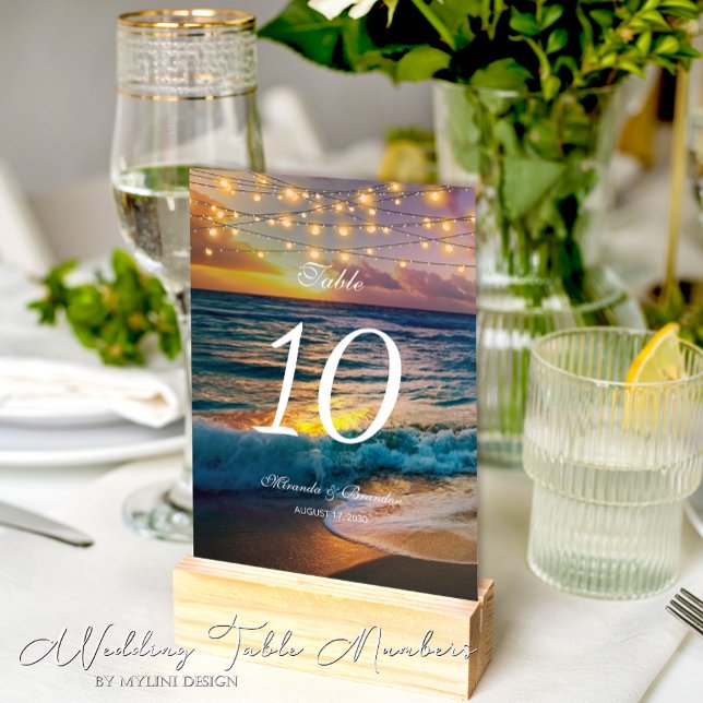 Elegant Sunset Beach Lights Summer Wedding Table Number (Creator Uploaded)
