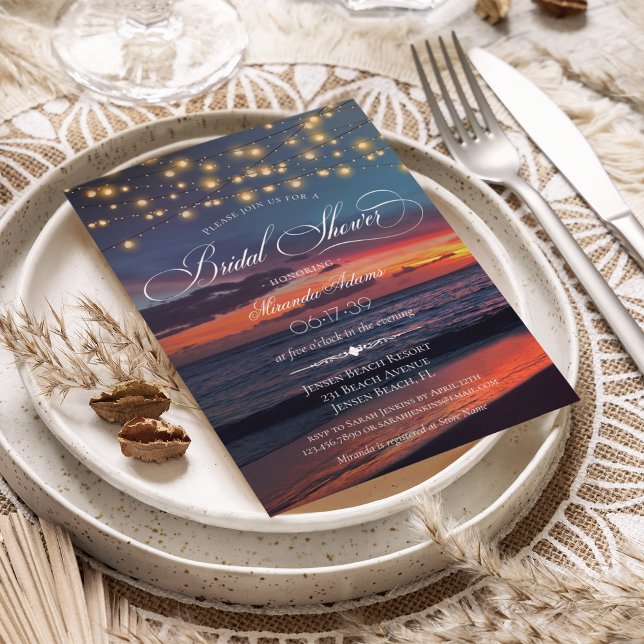 Elegant Sunset Beach String Lights Bridal Shower Invitation (Creator Uploaded)