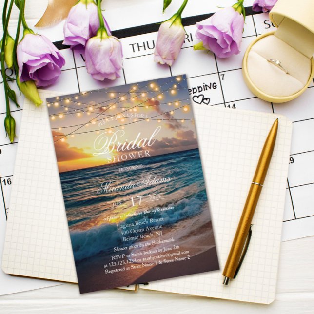 Elegant Sunset Beach String Lights Bridal Shower Invitation (Creator Uploaded)