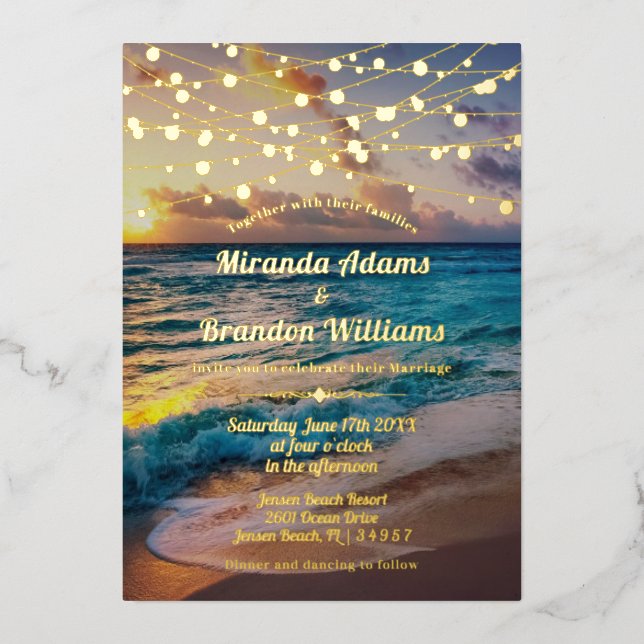 Elegant Sunset Beach String Lights Summer Wedding (Front)