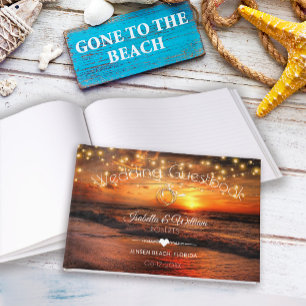 Elegant Sunset Beach String Lights Summer Wedding Guest Book