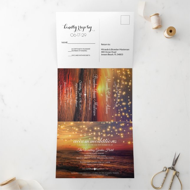 Elegant Sunset Beach String Lights Summer Wedding Tri-Fold Invitation (Inside)