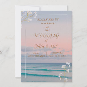 Elegant Sunset Blue Ocean Beach Wedding Invitation