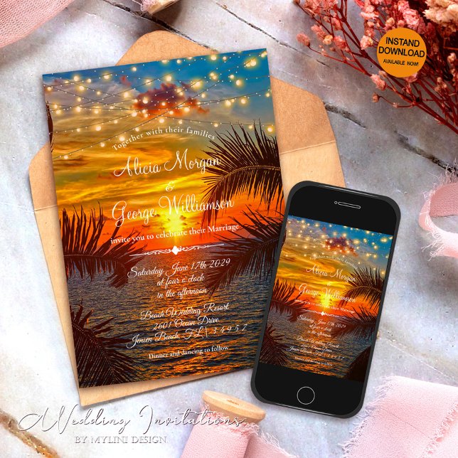 Elegant Sunset Tropical Beach Wedding Invitation (Creator Uploaded)