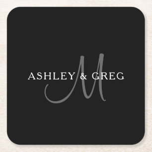 Elegant Surname Monogram Black, Grey & White Square Paper Coaster