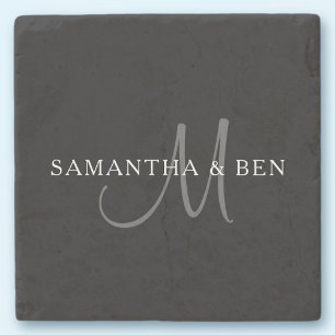 Elegant Surname Monogram Black, Grey & White Stone Coaster