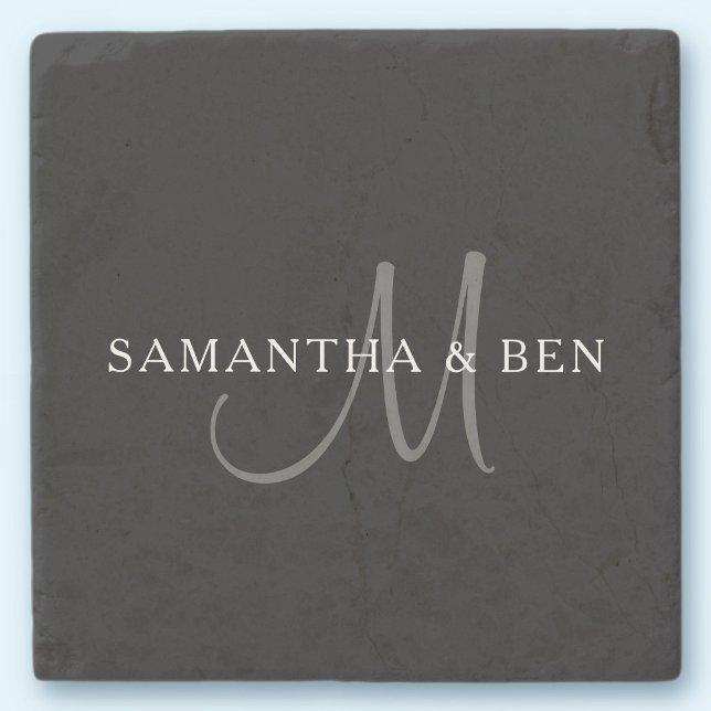 Elegant Surname Monogram | Black, Grey & White Stone Coaster (Creator Uploaded)