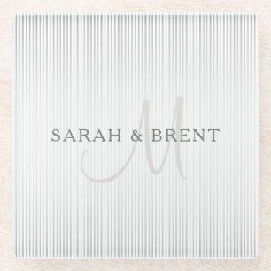 Elegant Surname Monogram & Thin Grey Stripes Glass Coaster