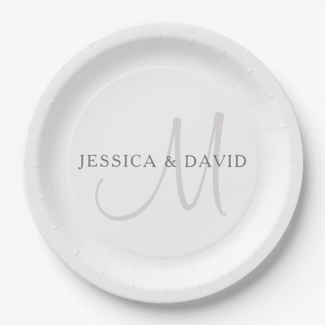 Elegant Surname Monogram | White & Grey Paper Plate (Front)