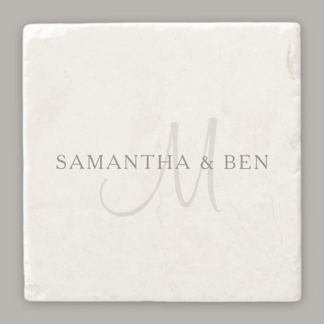 Elegant Surname Monogram | White & Grey Stone Coaster (Creator Uploaded)