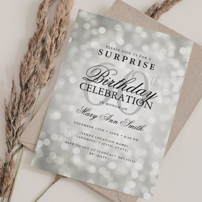 Elegant SURPRISE 60th Birthday Glam Silver Lights Invitation (Elegant SURPRISE 60th Birthday Glam Silver Lights Invitation)