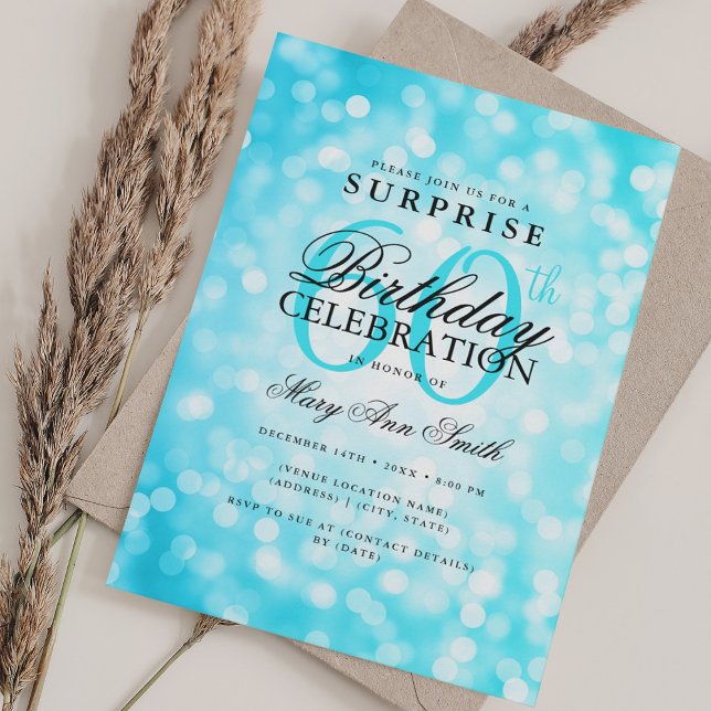 Elegant SURPRISE 60th Birthday Turquoise Lights Invitation (Elegant SURPRISE 60th Birthday Turquoise Lights Invitation)