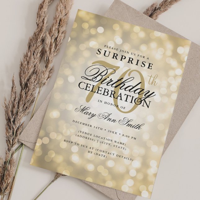 Elegant SURPRISE 70th Birthday Glam Gold Lights Invitation (Creator Uploaded)