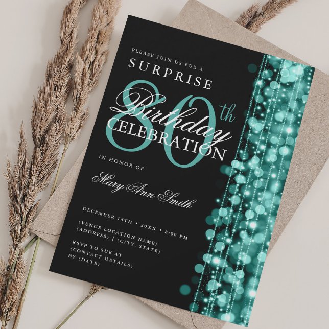 Elegant Surprise 80th Birthday Sparkles Turquoise  Invitation (Creator Uploaded)