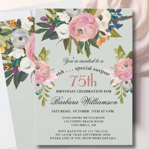 Elegant SURPRISE Handpainted 75th Birthday Party  Invitation