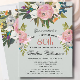Elegant SURPRISE Handpainted 80th Birthday Party Invitation