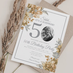 Elegant SURPRISE Photo 50th Birthday Gold Floral Invitation