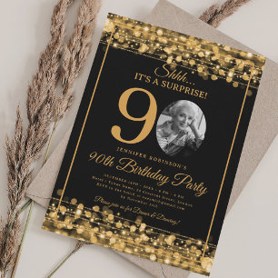 Elegant SURPRISE Photo 90th Birthday Gold Glam Invitation
