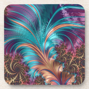 Elegant Surreal Feather Fractal Teal & Purple Coaster