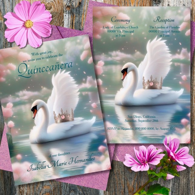 Elegant Swan Butterflies Pink Tiara Quinceañera Invitation (Creator Uploaded)