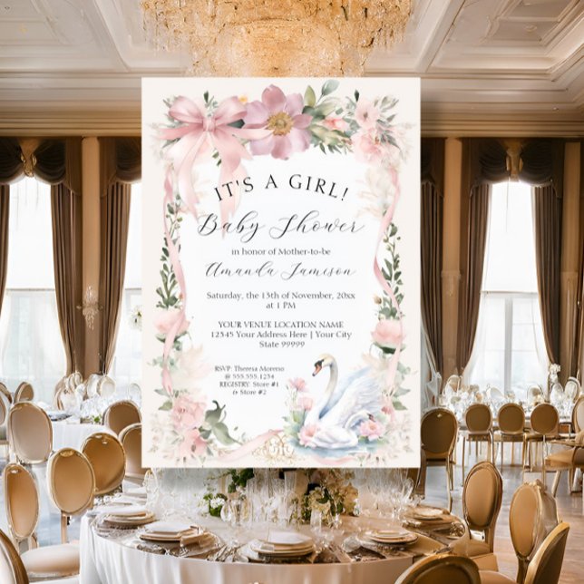 Elegant Swan Floral Blush Pink Ribbon Baby Shower Invitation (Creator Uploaded)