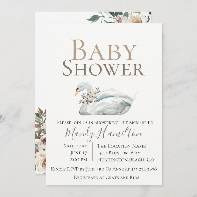 Elegant Swan Floral Neutral Baby Shower Invitation (Front/Back)