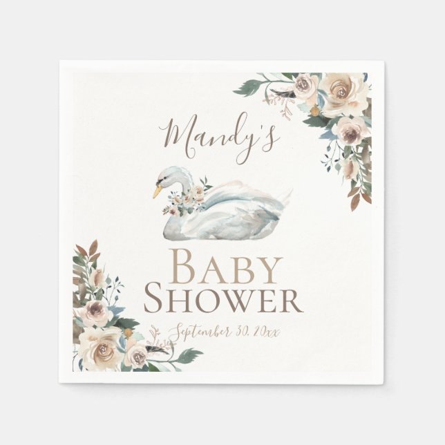 Elegant Swan Floral Neutral Baby Shower Napkin (Front)