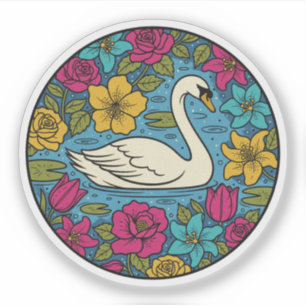 Elegant Swan in Floral Pond - Colourful Nature Art