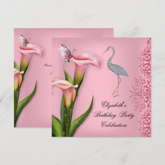 Elegant Swan Pink Calla Lily Floral Birthday Party Invitation (Front/Back)