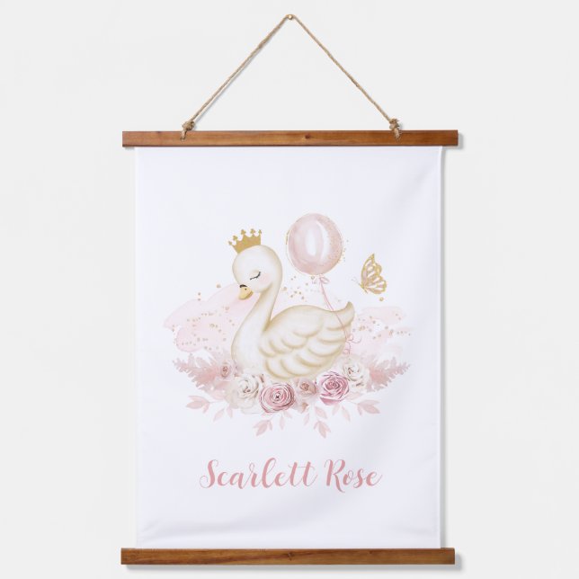 Elegant Swan Princess Blush Gold Balloon Nursery Hanging Tapestry (Front)