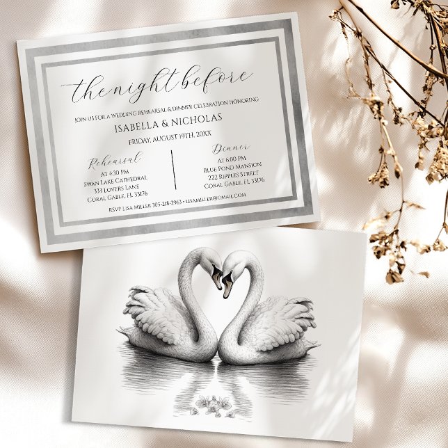 Elegant Swan Wedding Rehearsal Dinner Invite (Romantic Night Before Invite)