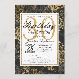 Elegant Swanky Faux Gold, Black, & Grey Floral Invitation