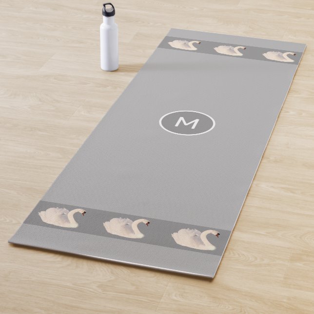 Elegant Swans & Monogram on Light Silver Grey Yoga Mat (In Situ)