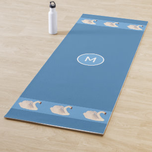 Elegant Swans & Monogram on Steel Blue Yoga Mat